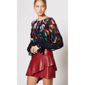 JOIE Burella Navy Geometric Print 100% Silk Georgette Ruffle Blouse, Size S